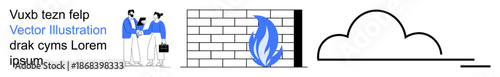 Cybersecurity, firewall protection, cloud storage, teamwork, online safety, digital networks. A brick firewall with flame icon, cloud symbol and two people collaborating. Cybersecurity and firewall