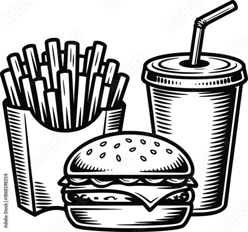 Burger Fries Soda Fast Food Line Art.