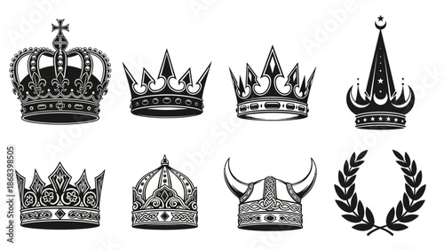 Collection of decorative crowns and laurel wreath in vector illustration