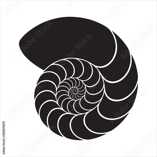 Black nautilus shell silhouette, Nautilus sea shell or spiral round snail shell, silhouette vector illustration 
