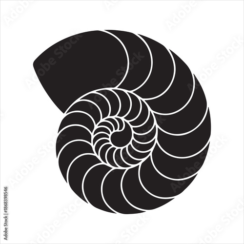 Black nautilus shell silhouette, Nautilus sea shell or spiral round snail shell, silhouette vector illustration 