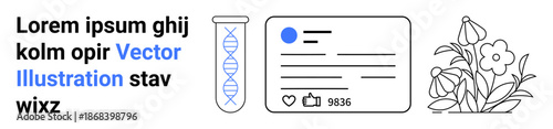 Scientific research, social media engagement, healthcare, genetic studies, botany, creative templates. DNA test tube, social post and flowers. Scientific research and social media concepts