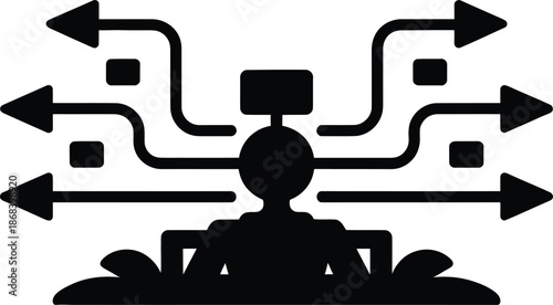 Figure with Multiple Arrows Representing Diversified Outputs or Directions person silhouette