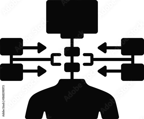 Human silhouette with computer screen and branching data arrows vector illustration