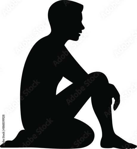 Silhouette of a man sitting with knees drawn up on a white background male person
