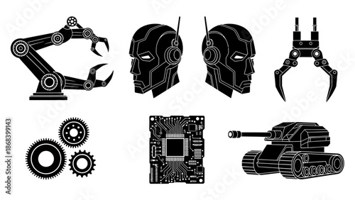 Robotic components and humanoid heads in silhouettes for technology concepts