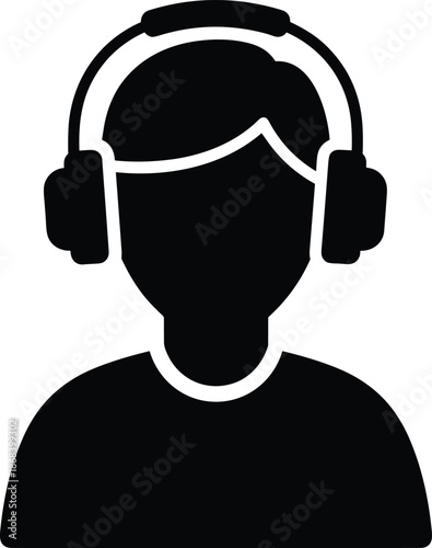 Minimal user avatar icon wearing headphones, black silhouette profile illustration for music, audio streaming, customer support, podcast, communication concept