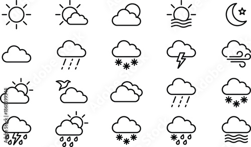 Set of vector black line icons featuring weather forecasting meteorological conditions sun clouds rain and seasonal climate symbols