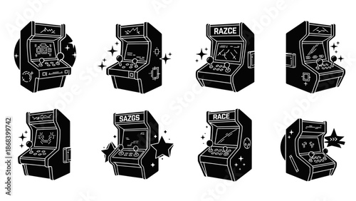 Retro arcade game machines in black and white silhouette vector set