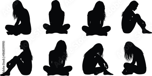Woman sitting silhouette set, female body poses collection, black figure shadows, meditation, sadness, relaxation, mental health, emotion concept vector illustration