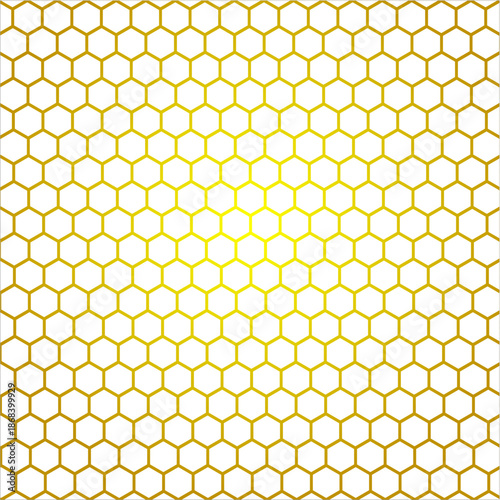 Seamless golden hexagon geometric pattern with clean white background. Modern honeycomb grid texture suitable for wallpapers, packaging, backgrounds, branding, and digital design.