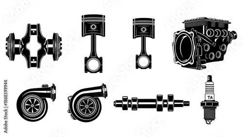 Automotive engine components isolated on white background vector illustration