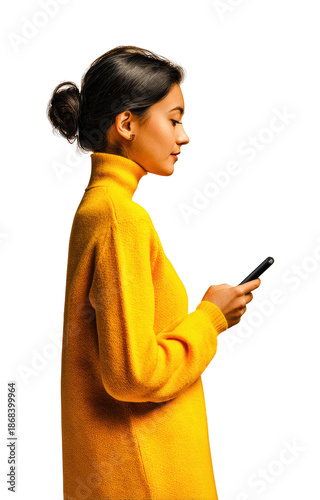 Young woman texting on smartphone lifestyle side view, isolated on transparent background, png