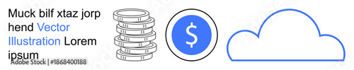 Cloud storage, digital banking, financial management, savings, fintech, online security. Stack of coins, dollar symbol cloud outline. Cloud storage and digital banking concept