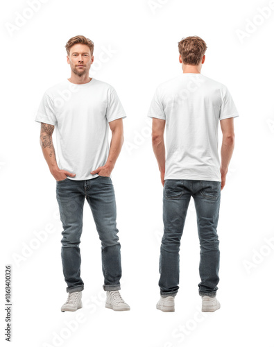 Model showcasing casual fashion apparel front and back view, isolated on transparent background, png