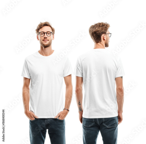 Stylish model showcasing plain white t-shirt fashion modern front view, isolated on transparent background, png