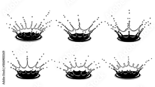Set of water crown splash illustrations in various dynamic shapes