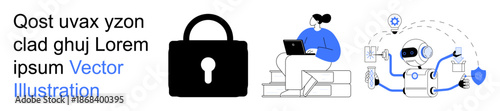 Cybersecurity, online safety, remote work, AI, digital collaboration, technology trends. A lock, a person using a laptop and a robot with icons. Cybersecurity and online safety concept