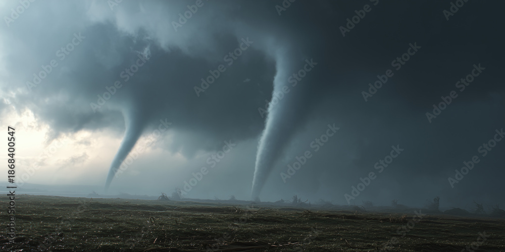Obraz premium Two powerful tornadoes ravaging across a desolate landscape, a breathtaking display of nature's raw power 