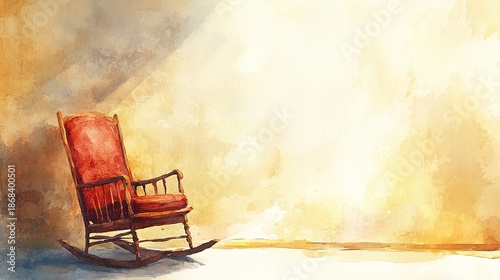 watercolor painting of a vintage, old red rocking chair on the floor in an empty room with a beige background and neutral colors, bathed in soft light.