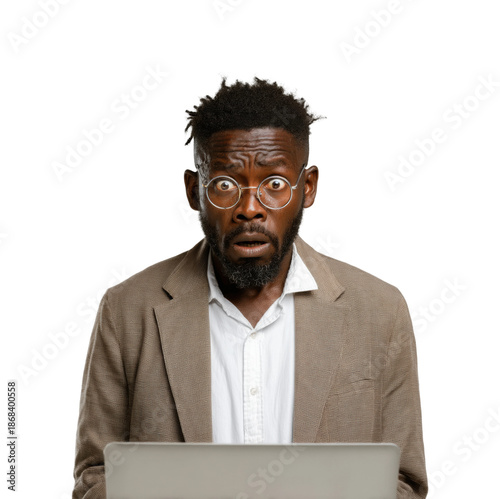 Surprised businessman working on laptop home office expression, isolated on transparent background, png
