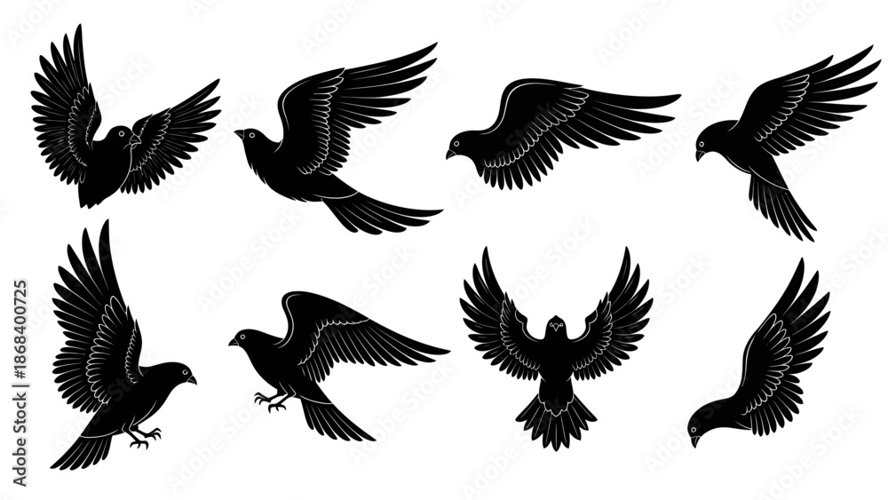 Obraz premium Black bird silhouettes in flight against white background vector illustration