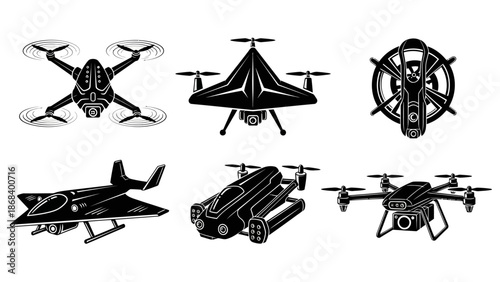 Black and white drone collection illustrations for technology and design