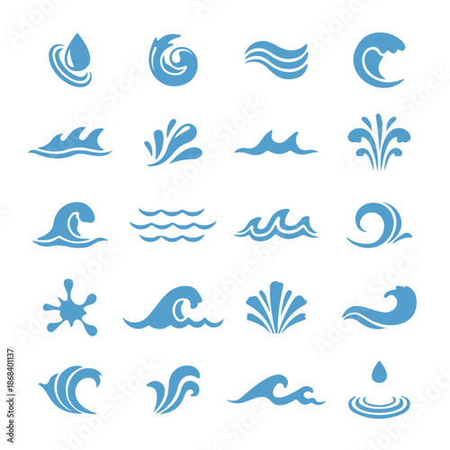 Water Wave and Splash Icons Set – Blue Flat Vector Illustration
