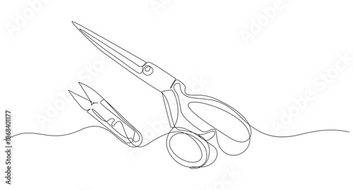Continuous Line Drawing of Sewing Scissors,Continuous Line Drawing of Scissors Cutting a Straight Line,Elegant Single Line Scissors Illustration