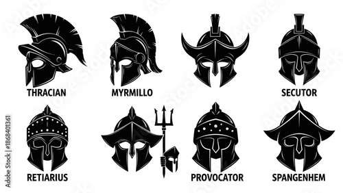 Black and white gladiator helmet set illustrations for design and backgrounds