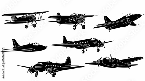 Collection of vintage airplane silhouettes in black on a white background