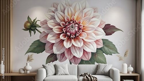 Contemporary Living Room Design with a Stunning Large Dahlia Wall Mural and Minimalist Decor