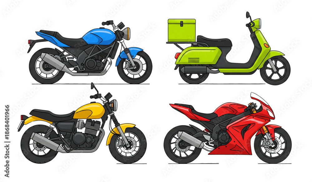 Obraz premium Modern cartoon motorbike vector set for urban transport and delivery isolated on transparent background
