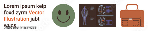 Emotional positivity, healthcare diagnostics, work life, anatomy study, office essentials, technology. happy face, brain scan and briefcase icons. Positivity and healthcare diagnostics