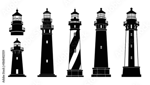 Black and white lighthouse silhouettes set coastal navigation imagery