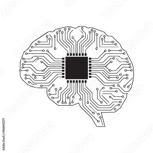 Printed circuit board brain with central microchip processor illustrating artificial intelligence concept
