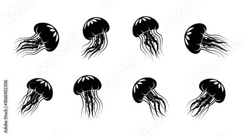 Black jellyfish graphic set on white background for creative design elements
