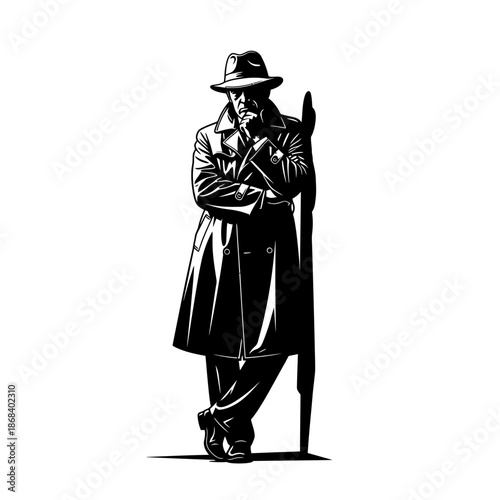 Classic Film Noir Detective Posing Thoughtfully with Cane, Black and White.
