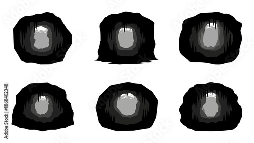 Abstract illustration of various cave entrances in dark grayscale