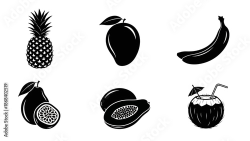 Black and white tropical fruit silhouettes with pineapple mango banana coconut