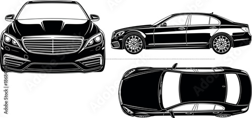 Black and white luxury sedan vector illustration featuring front side and top view blueprints for automotive design and vehicle branding.