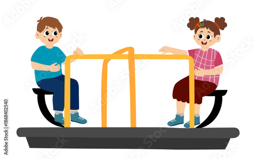 Little kids on colorful round rides at carnival, vector illustration