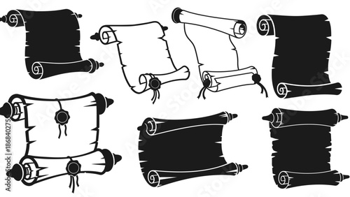 Set of scrolled parchment illustrations for various design and concept uses
