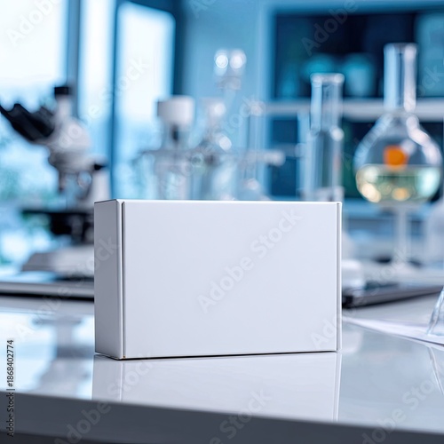 Box in laboratory. Scientific instruments, glassware, and blue background