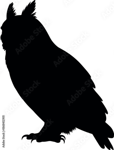 Black owl silhouette isolated on white background great horned owl bird of prey perched night hunter wildlife vector illustration graphic