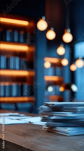 Bookshelves glow softly behind stacked papers on a wooden desk