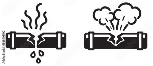 Line art broken pipe icon set featuring leaking water and bursting steam for plumbing repair and maintenance