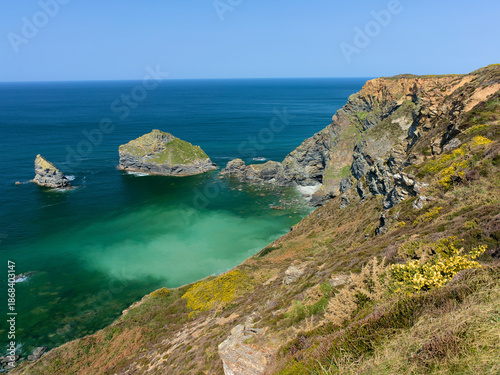 Beautiful sunny day on dramtic cliffs at Basset Cove near Portreath Cornwall England