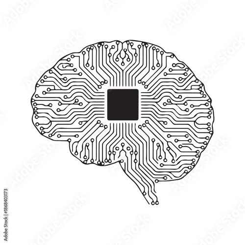Printed circuit board brain with central microchip processor illustrating artificial intelligence concept
