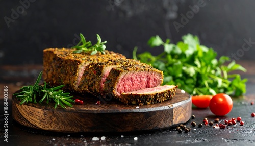Meatloaf Slices on Wooden Board with Herbs.